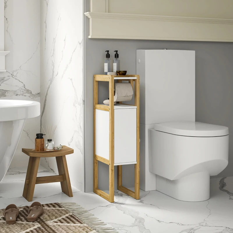 HOMCOM Mobile Bagno Salvaspazio con Porta Carta Igienica, Armadietto e Ripiano in Bambù, 20x33x80cm, Bianco