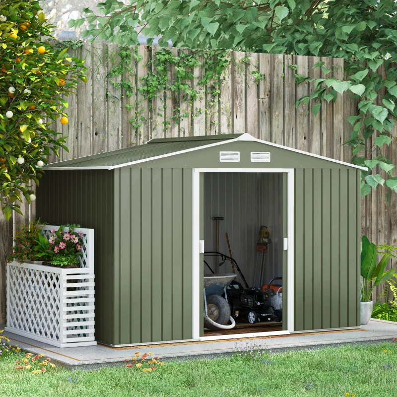 Outsunny Magazie de gradina 277 x 195 x 192cm cu usi glisante duble, 4 orificii de aerisire, din otel durabil, verde(m-12)