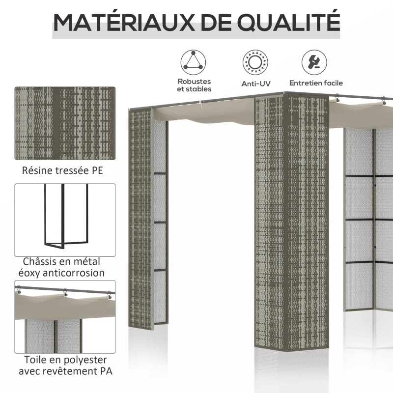 Outsunny Pergola rétractable 3L x 3l x 2H m toit coulissant toile polyester haute densité anti-UV structure métal époxy anticorrosion résine tressée PP gris et crème