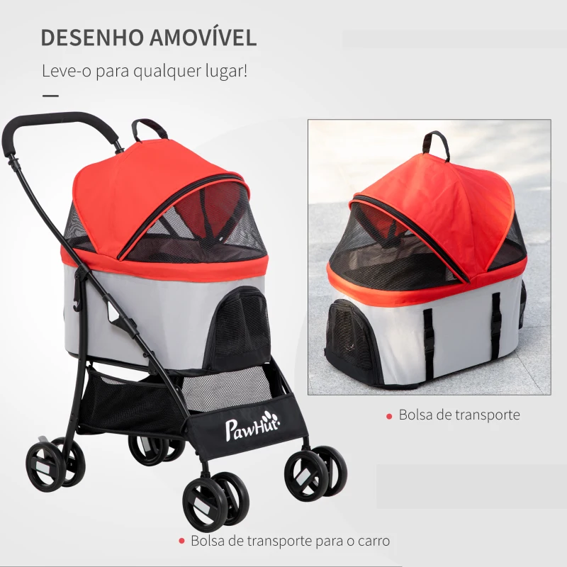 PawHut Carrinho para Animais de Estimação 3 em 1 Dobrável com Bolsa de Transporte Cesta de Armazenamento e Travão 82x49,5x98cm Vermelho