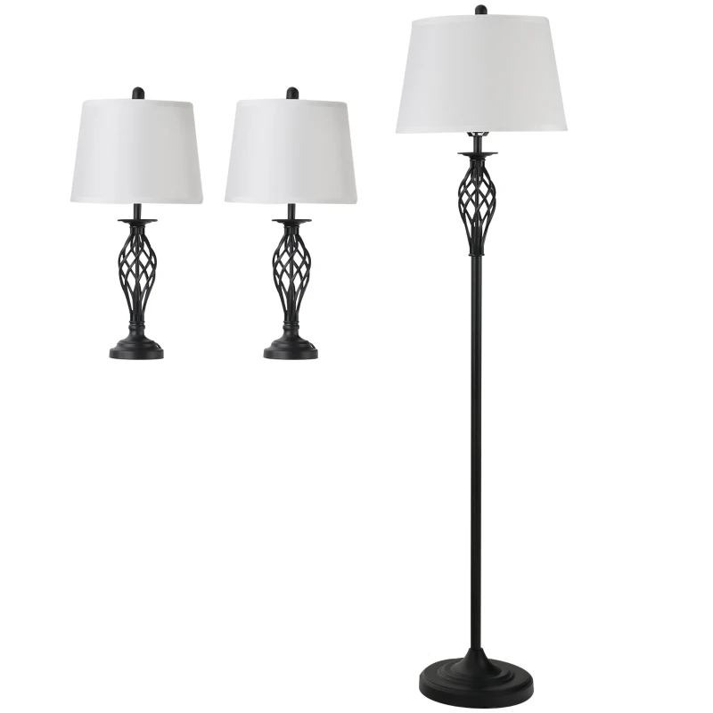 HOMCOM Conjunto de 2 Candeeiros de Mesa e Candeeiro de Pé com Ecrã de Tecido E27 Máx. 40W IP20 Ø38x158 cm e Ø30x62 cm Branco