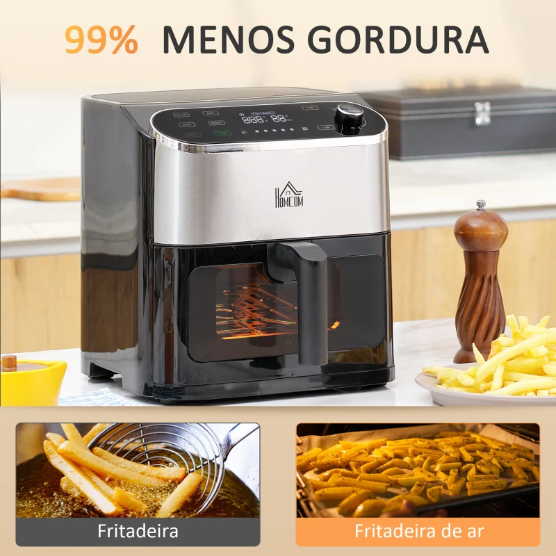 HOMCOM Fritadeira sem Óleo 4 em 1 1350W com 3 Programas Ecrã LED Tátil Temperatura Ajustável e Cesta Antiaderente 31x37,5x32cm Preto