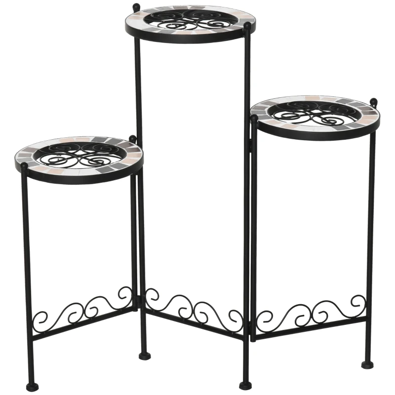 Outsunny Suporte de Metal para Plantas Dobrável Suporte para Flores com 3 Prateleiras com Bordas de Azulejo para Decoração de Interiores e Exteriores 60x22x65cm Preto