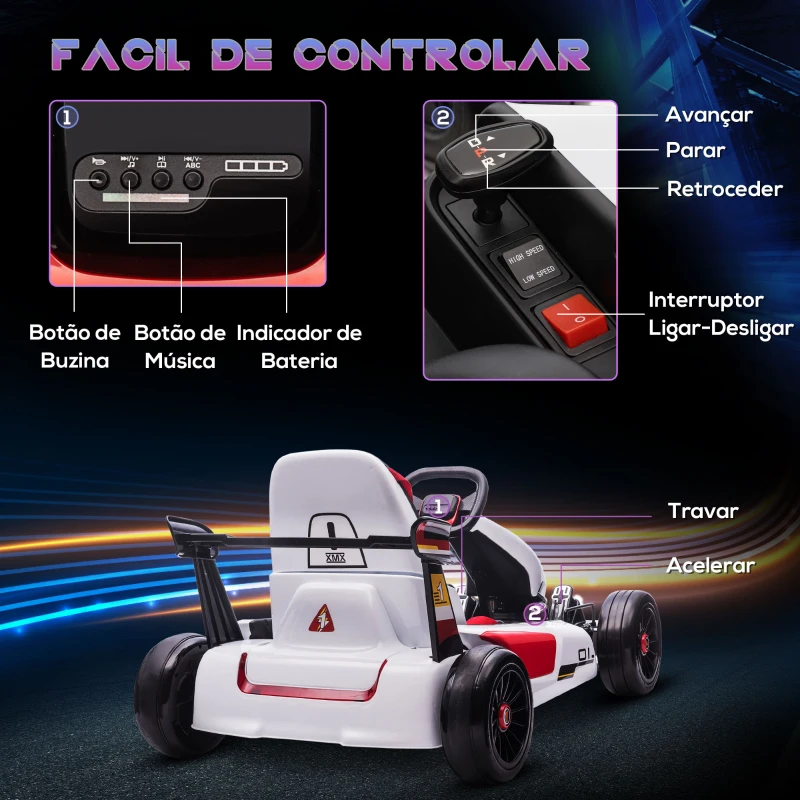 HOMCOM Kart Elétrico Infantil Bateria 12V com Velocidade 3-6 km/h Controlo Remoto Música Buzina 116x74x57,5cm Branco