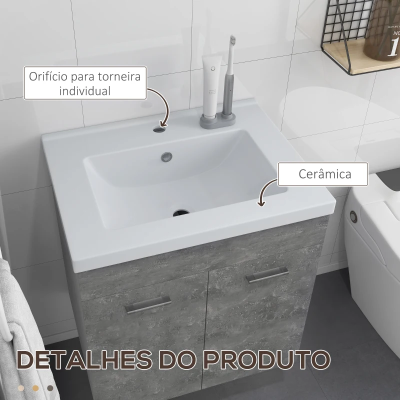 kleankin Móvel Casa de Banho com Lavatório Cerâmico Móvel Casa de Banho de Parede com 2 Portas e Prateleira Ajustável 60x45,5x60 cm Cinza
