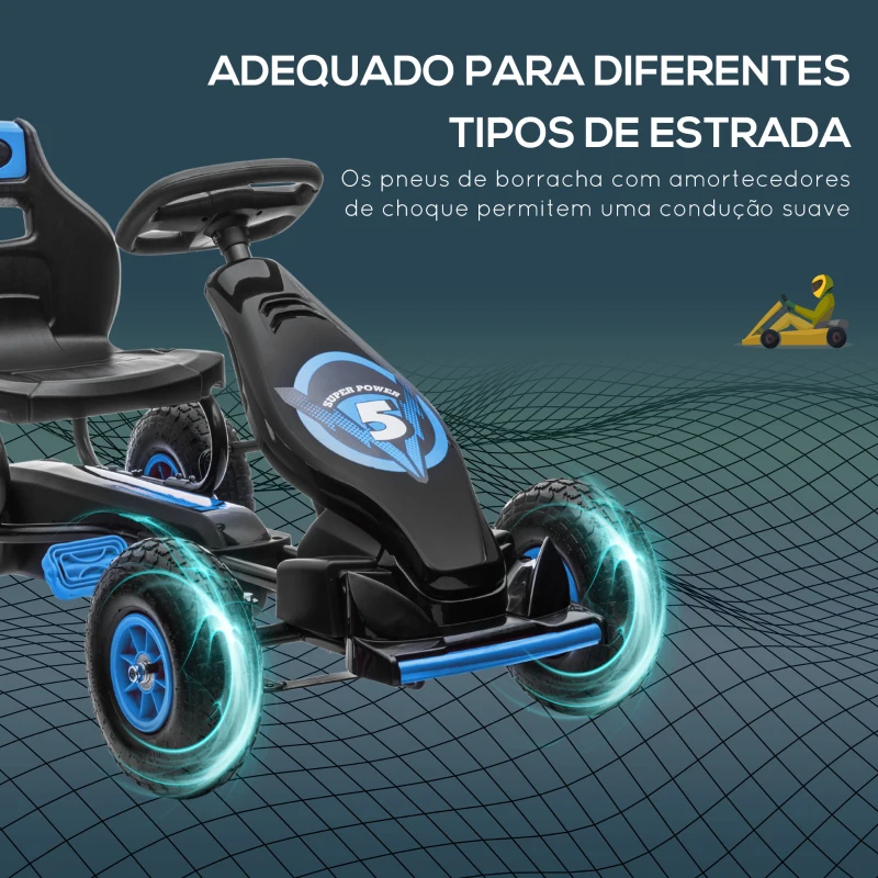 HOMCOM Kart a Pedais para Crianças 5-12 Anos com Assento Ajustável Pneus Insufláveis Amortecimento e Travão de Mão 121x58x61cm Azul