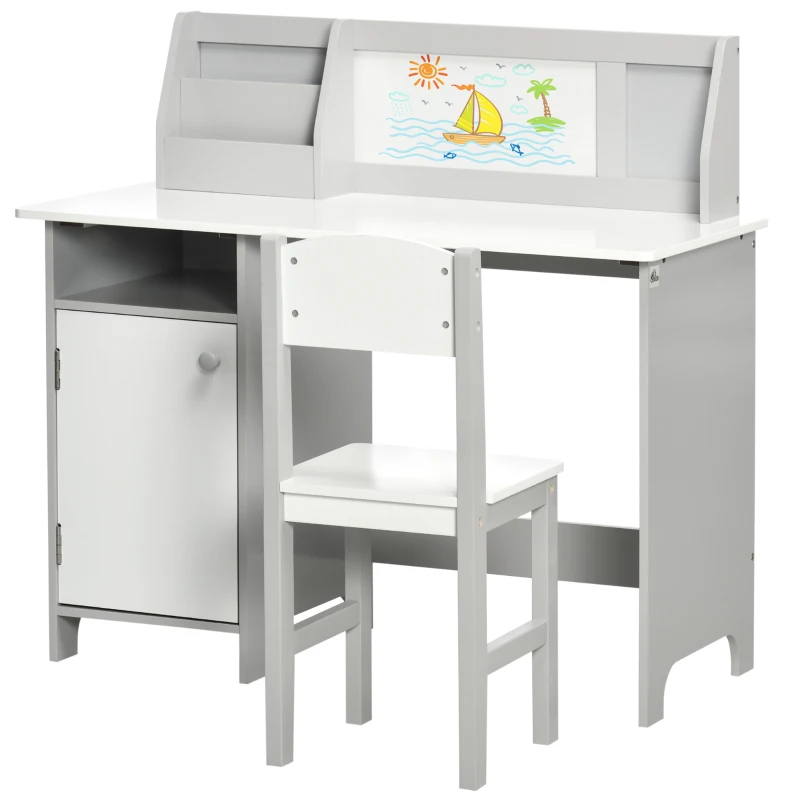 HOMCOM Conjunto de Mesa e Cadeira Infantil de Madeira com Quadro Branco Mesa de Estudo para Crianças acima de 5 Anos 90x45x85cm Cinza