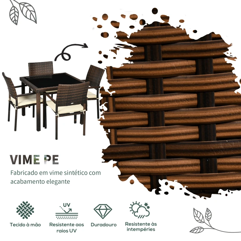 Outsunny Conjunto de Jardim Refeição de Vime Sintético com 5 Peças Mesa com Bancada de Vidro e 4 Cadeiras Marrom