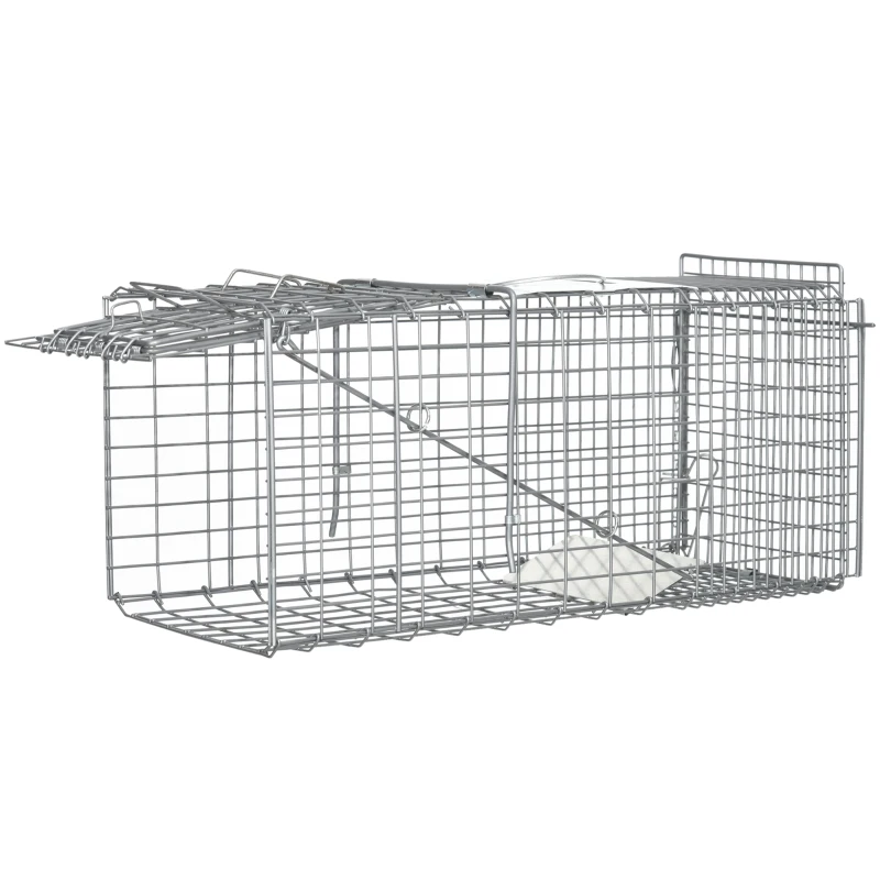 Outsunny Armadilha para Animais Vivos Dobrável 66x24x30,5 cm Gaiola de Captura com Porta e Alça para Coelhos Roedores Prata