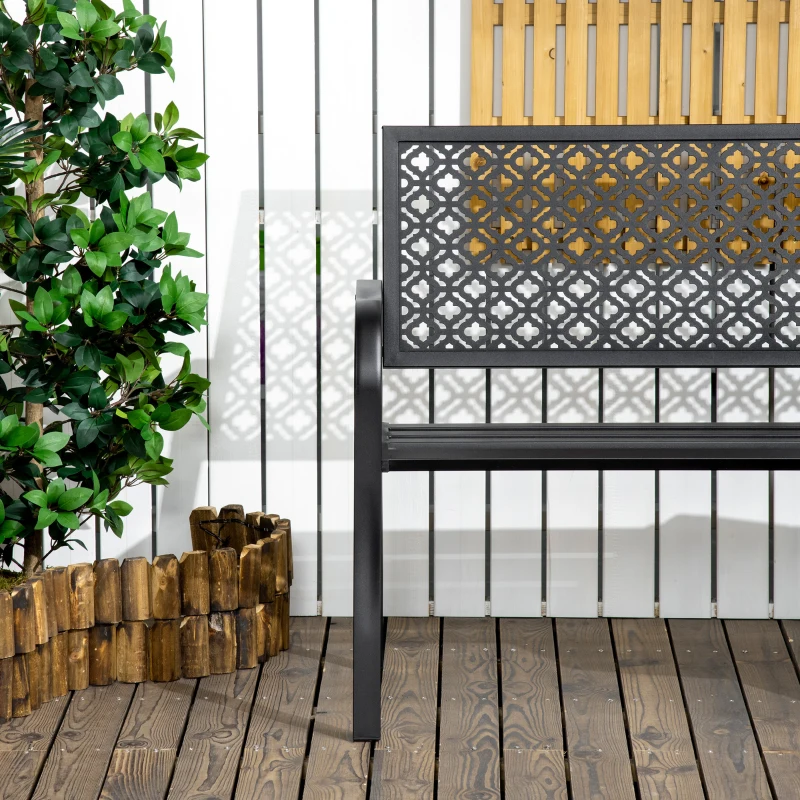 Outsunny Banco de Jardim de Aço Banco de Exterior de 2 Lugares com Encosto Decorativo 127x63x83cm Preto