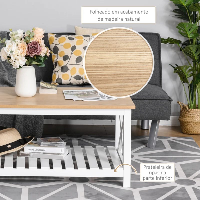 HOMCOM Mesa de Centro para Sala de Estar Mesa de Café com Prateleira de Armazenamento Inferior 116x60x48cm Madeira Natural e Branco