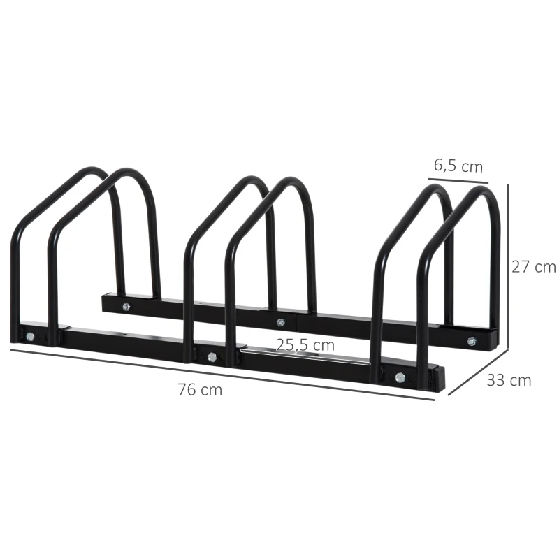 HOMCOM Estacionamento para 3 Bicicletas Suporte de Aço para Estacionar Bicicletas no Chão para Interior e Exterior 76x33x27 cm Preto