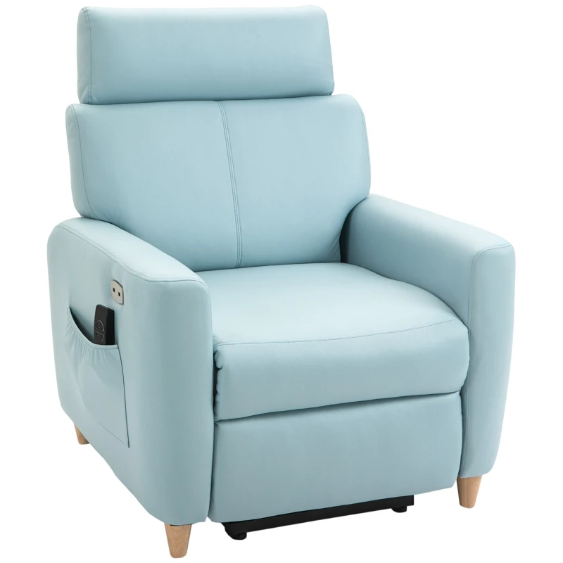 HOMCOM Poltrona Relax Reclinável Poltrona Levanta Pessoas Estofada em Microfibra com Reclinação 143° USB Apoio para a Cabeça Ajustável Apoio para os Pés e Bolso Lateral Carga Máxima 150kg 81x91x103 cm Azul