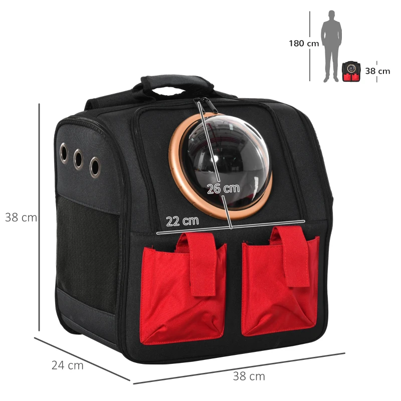 PawHut Mochila com Visor para Gatos Mochila de Transporte para Animais de Estimação Dobrável 38x24x38 cm Preto e Vermelho