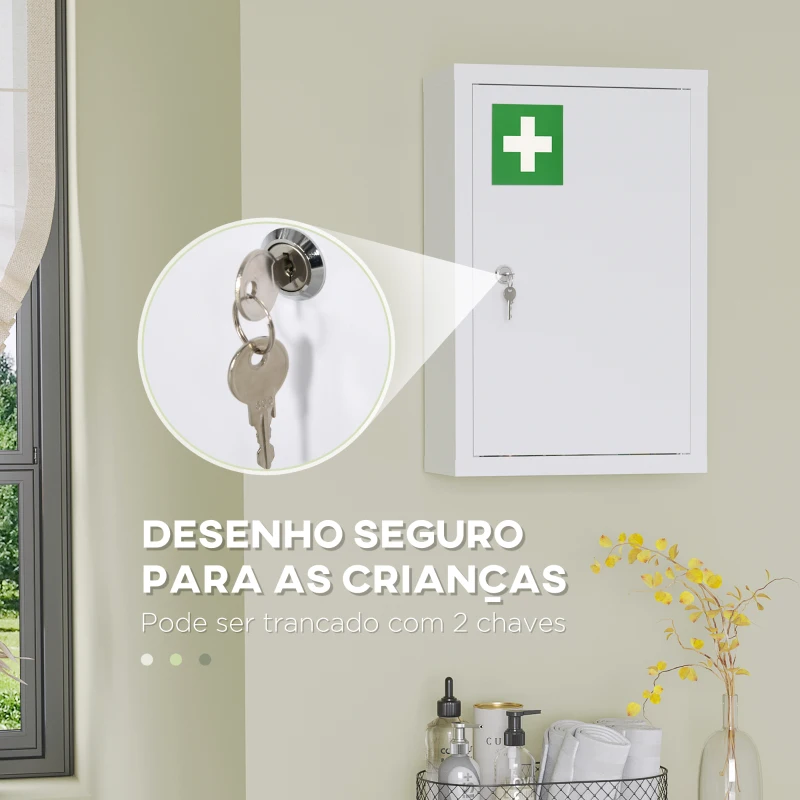 kleankin Armário Farmácia de Parede em Aço com 3 Prateleiras de Armazenamento e 2 Chaves para Casa de Banho 30x14x46 cm Branco