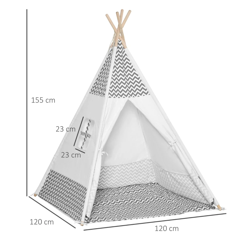 HOMCOM Tenda Tipi para Crianças acima de 3 Anos Tenda Infantil de Madeira Portátil com Janela Almofada e Bolsa de Transporte para Interiores e Exteriores 120x120x155cm Cinza