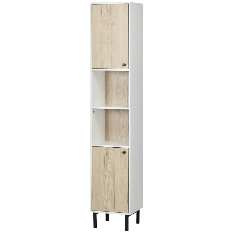 kleankin Coluna Casa de Banho Armário Alto Auxiliar de Casa de Banho com 2 Portas e 6 Prateleiras 31,5x30x169 cm Branco e Carvalho