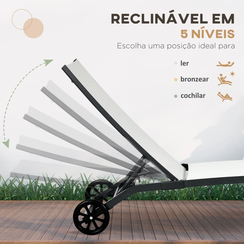 Outsunny Conjunto de 2 Espreguiçadeiras para Exterior com Encosto Ajustável em 5 Níveis e Rodas para Praia Piscina 165x66x102cm Branco e Preto