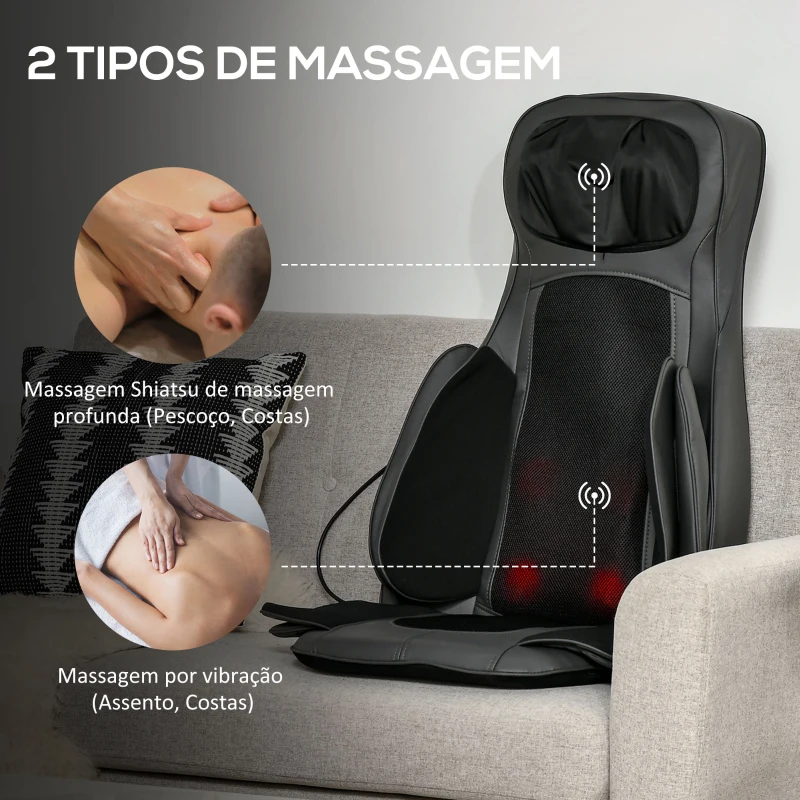 HOMCOM Massageador de Assento com Aquecimento Tapete com Massagem Shiatsu com Controlo Remoto 16 Motores de Vibração 52x39x78cm Preto