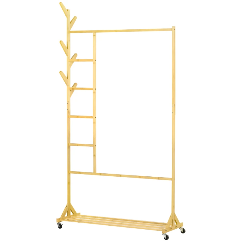 HOMCOM Suporte para Cabides de Bambu com Rodas Porta Cabides Multifuncional com 6 Ganchos Barra e Prateleira 100x37x191 cm Madeira