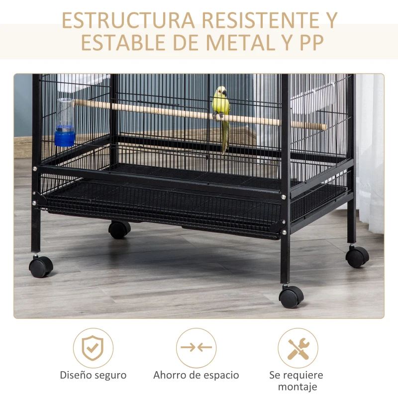 PawHut Gaiola para Pássaros com 4 Rodas Gaiola para Pássaros Metálica com Múltiplas Portas 4 Comedouros Bebedouro 2 Poleiros e Bandeja para Louros Canários Periquitos 79x52x137cm Preto