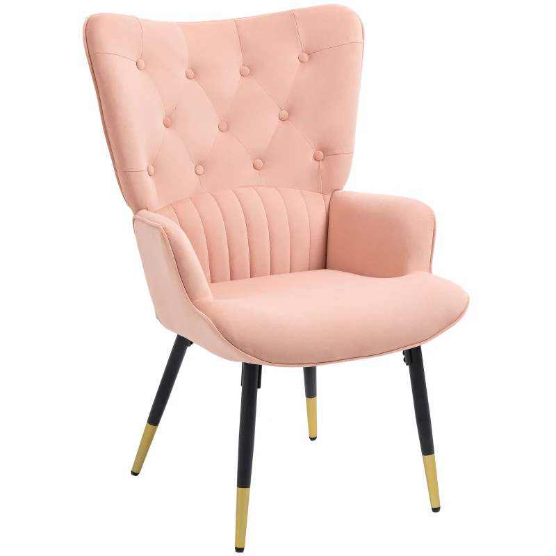 HOMCOM Poltrona Individual Estofada em Veludo com Encosto Alto Apoio para os Braços e Pés de Aço Estilo Moderno 68x72x103cm Rosa