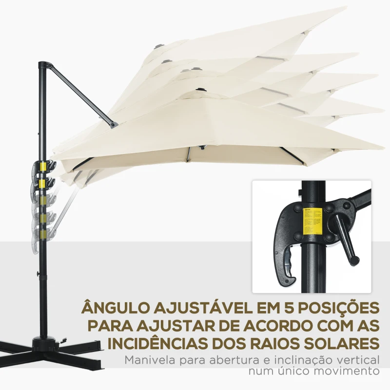 Outsunny Chapéu de Sol de Jardim Chapéu de Sol Excêntrico com Rotação 360° Inclinação de 5 Níveis com Manivela 245x245x245 cm Creme