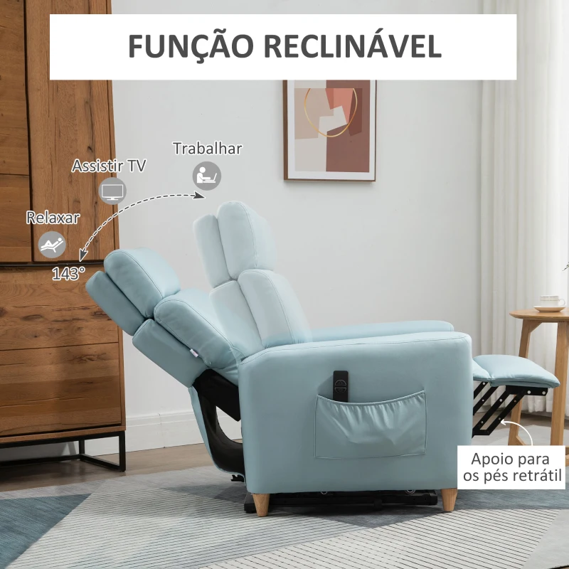 HOMCOM Poltrona Relax Reclinável Poltrona Levanta Pessoas Estofada em Microfibra com Reclinação 143° USB Apoio para a Cabeça Ajustável Apoio para os Pés e Bolso Lateral Carga Máxima 150kg 81x91x103 cm Azul