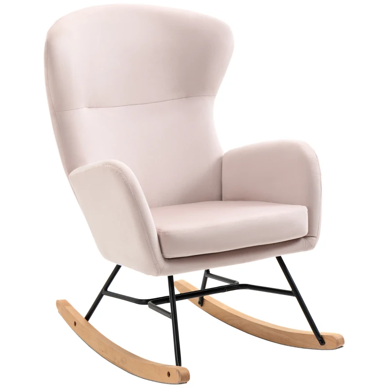 HOMCOM Poltrona Baloiço Estofada em Veludo com Assento Acolchoado Apoio para os Braços e Pés de Madeira de Faia 65x87x102cm Rosa
