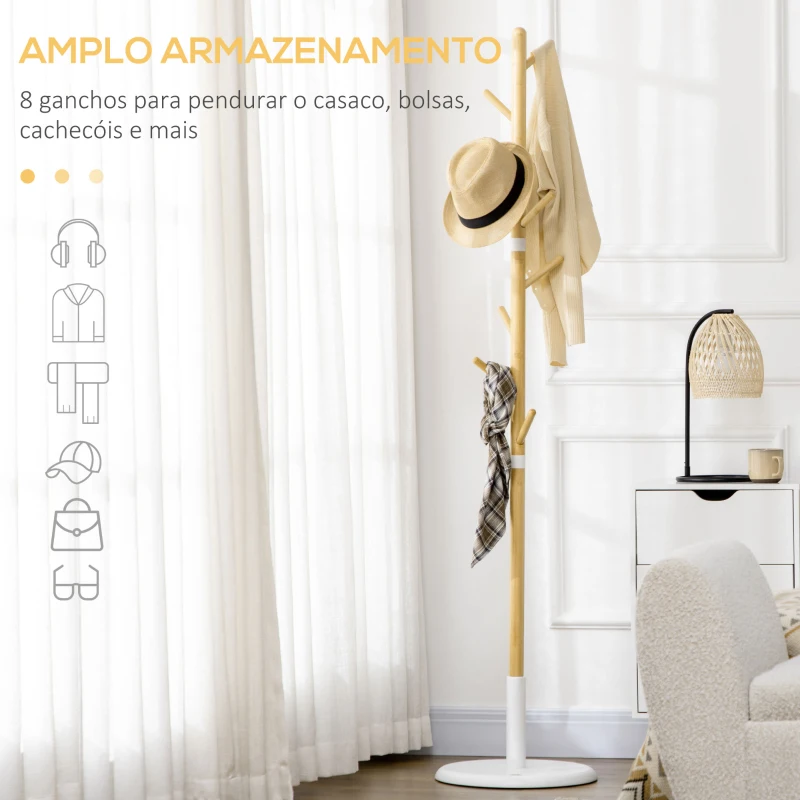 HOMCOM Cabide de Pé de Bambu Moderno com 8 Ganchos para Roupas Bolsas Ø37,8x175,6 cm Madeira e Branco