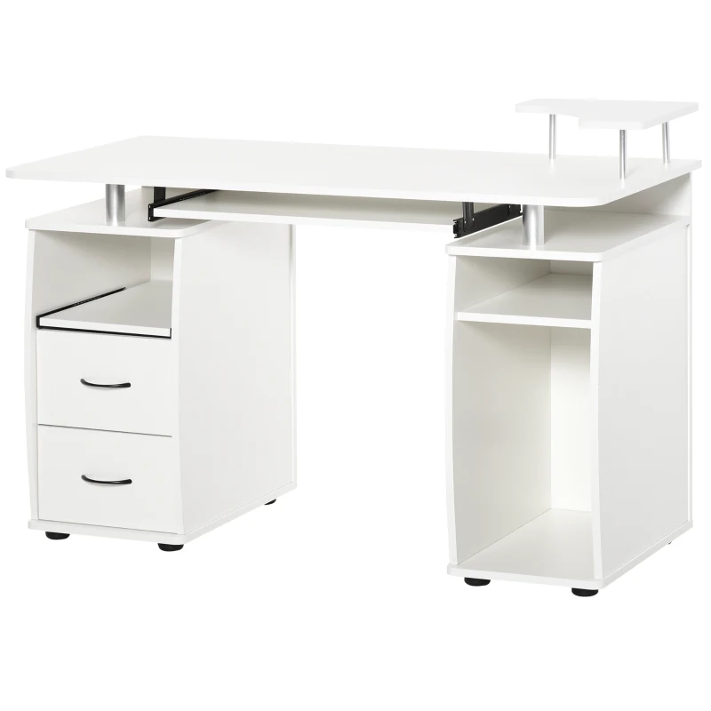 HOMCOM Mesa de Computador com Prateleiras 2 Gavetas Bandeja de Teclado e Suporte para Monitor e CPU 120x55x85 cm Branco