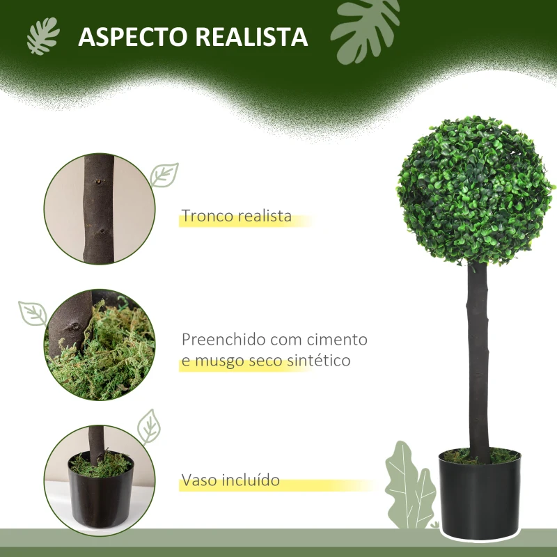 HOMCOM Conjunto de 2 Plantas Artificiais Buxos Artificiais em Vaso para Decoração de Interior e Exterior Ø20x60 cm Verde