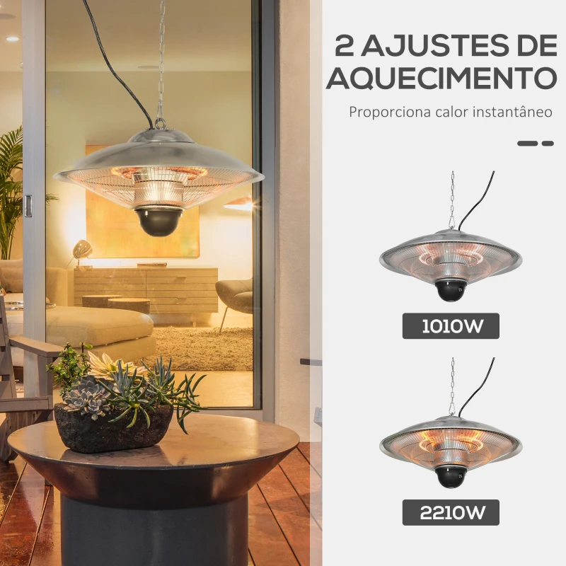 Outsunny Aquecedor de Jardim Elétrico 1010W/1200W Infravermelho com Controlo Remoto 2 Níveis de Calor Proteção IP44 Ø58,5x33cm Prata