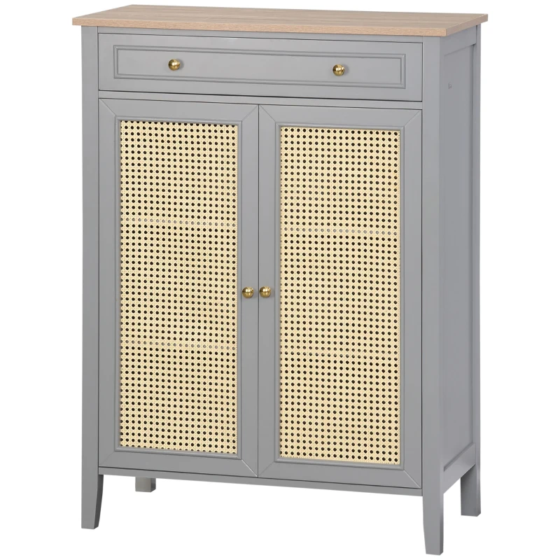 HOMCOM Sapateira para 9 Pares de Sapatos Armário para Sapatos com 2 Portas de Vime e Gaveta Estilo Cannage 80x40x110cm Cinza