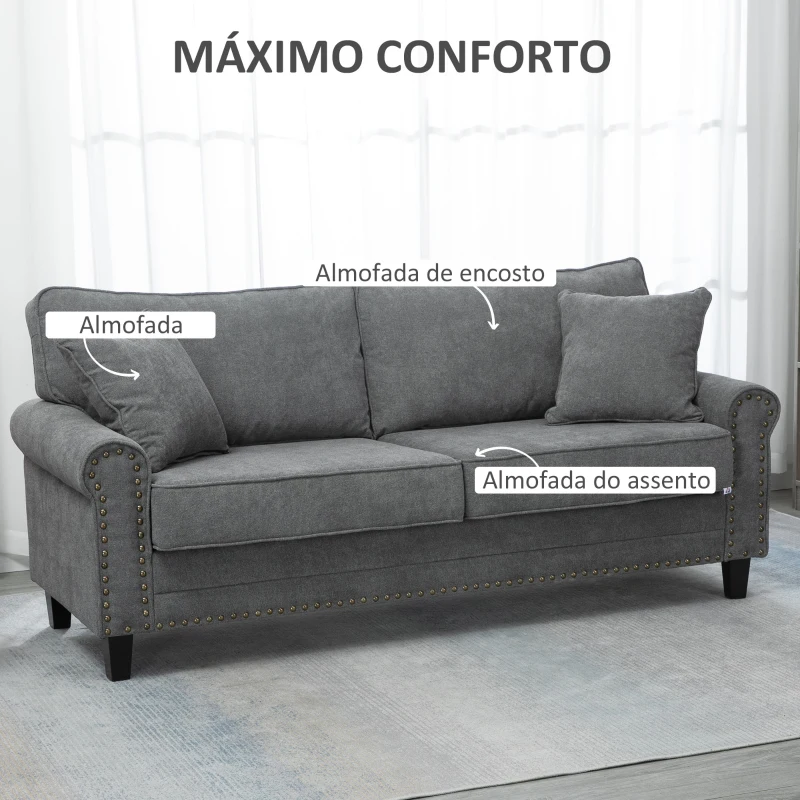 HOMCOM Sofá de 2 Lugares Estofado em Poliéster com 2 Almofadas Pés de Madeira de Borracha 196x80,5x89cm Cinza