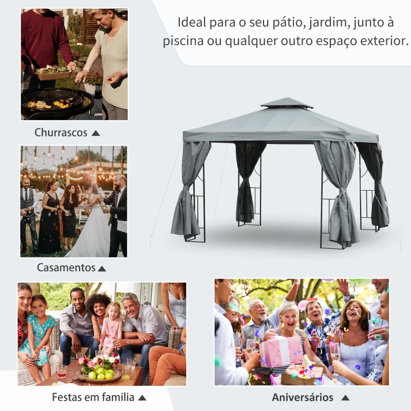 Outsunny Pérgola de Jardim 3x3 Pérgola com 4 Cortinas Laterais Removíveis com Zíper 8 Orifícios de Drenagem e Duplo Teto Cinza Escuro
