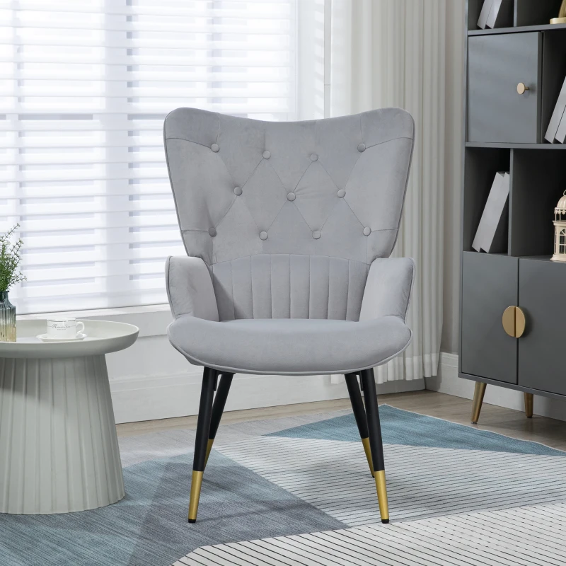 HOMCOM Poltrona Individual Estofada em Veludo com Encosto Alto Apoio para os Braços e Pés de Aço Estilo Moderno 68x72x103cm Cinza