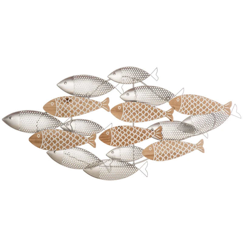 HOMCOM Decoração de Parede de Metal e Madeira 3D de Peixes 100x47cm Arte de Parede Metálica Prata e Madeira