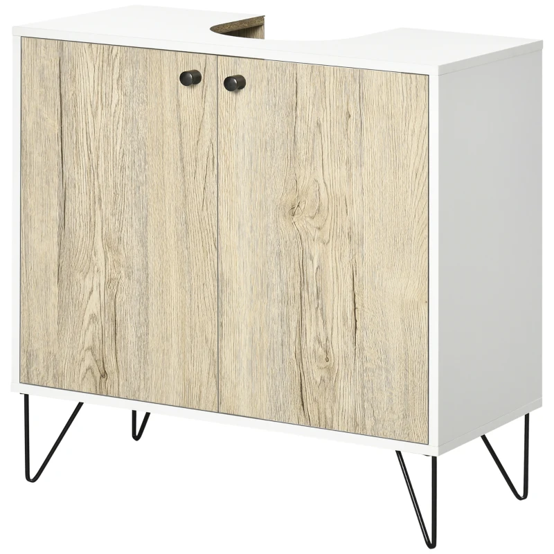 kleankin Móvel para Lavatório Pousar de Madeira com 2 Portas Prateleira e Pés de Aço 60x30x60cm Carvalho e Branco