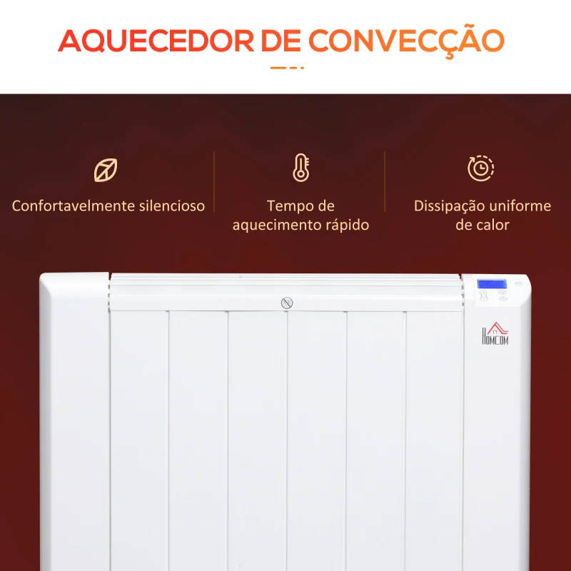 HOMCOM Aquecedor Elétrico 1500W Aquecedor Convector com Ecrã LCD 4 Modos Termostato Temporizador e 4 Rodas 67x31x68cm Branco