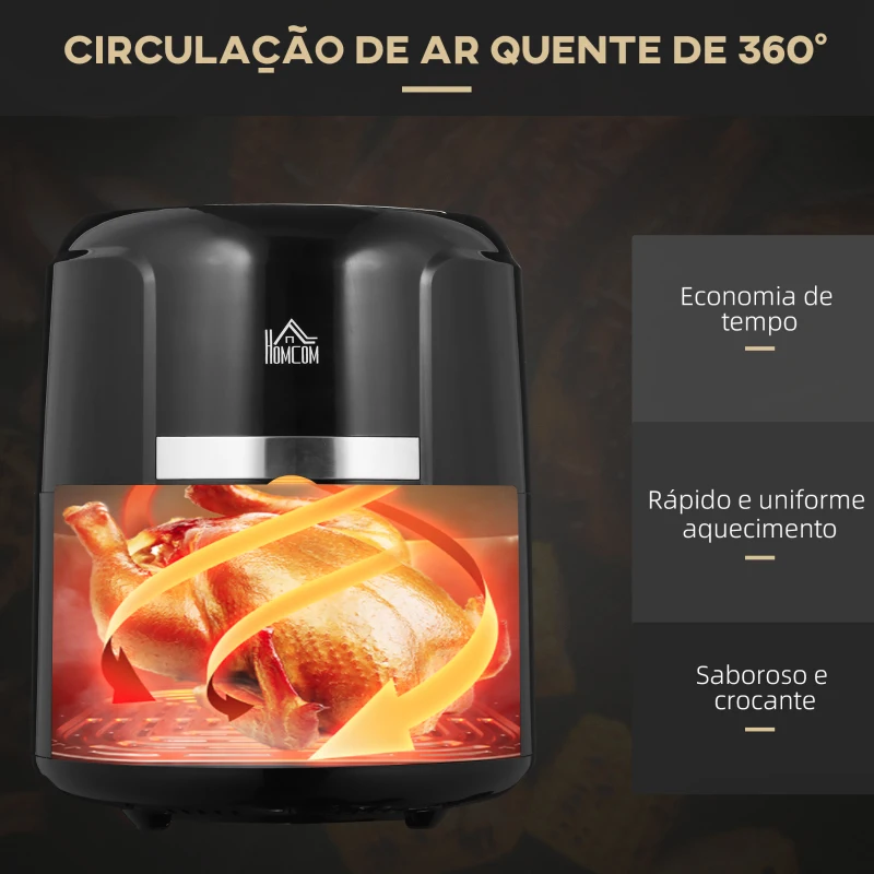 HOMCOM Fritadeira sem Óleo 4L Fritadeira de Ar Quente 1300W com 12 Programas Tela LED Tátil Temperatura Ajustável Temporizador e Cesta Antiaderente 34,2x25,6x31,8cm Preto