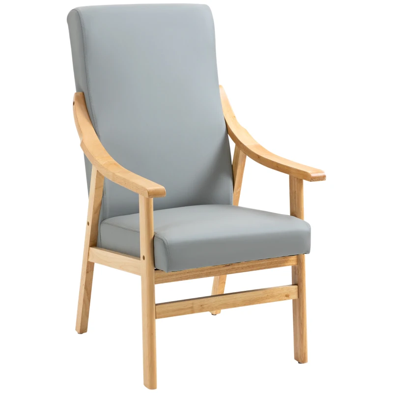 HOMCOM Poltrona de Estilo Nórdico com Encosto Alto Estofada em PU com Apoio para os Braços e Estrutura de Madeira 62x75x115cm Cinza e Madeira