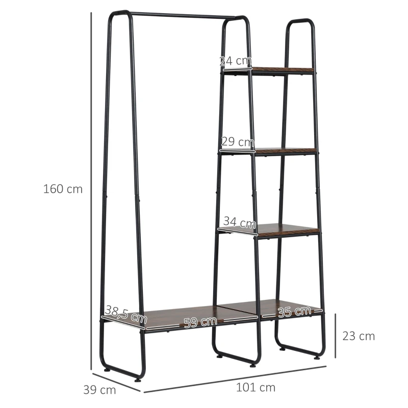 HOMCOM Suporte para Cabides com 4 Prateleiras de Armazenamento e Barra de Pendurar Estilo Industrial 101x39x160cm Marrom e Preto