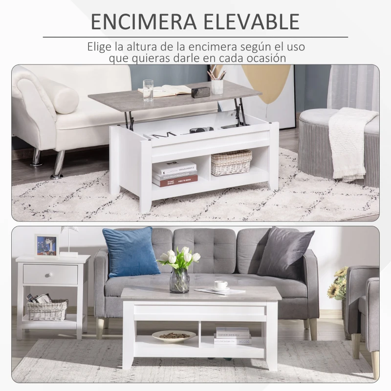 HOMCOM Mesa de Centro com Bancada Elevável Mesa de Centro com 2 Compartimentos Abertos Bancada de Imitação a Mármore Mesa Retangular para Sala de Estar 105x50x49cm Branco