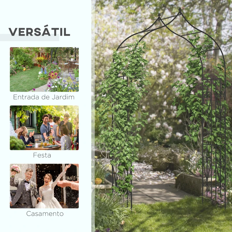Outsunny Arco de Jardim de Metal Arco de Jardim para Plantas Trepadeiras Exterior Pátio 140x60x265 cm Preto