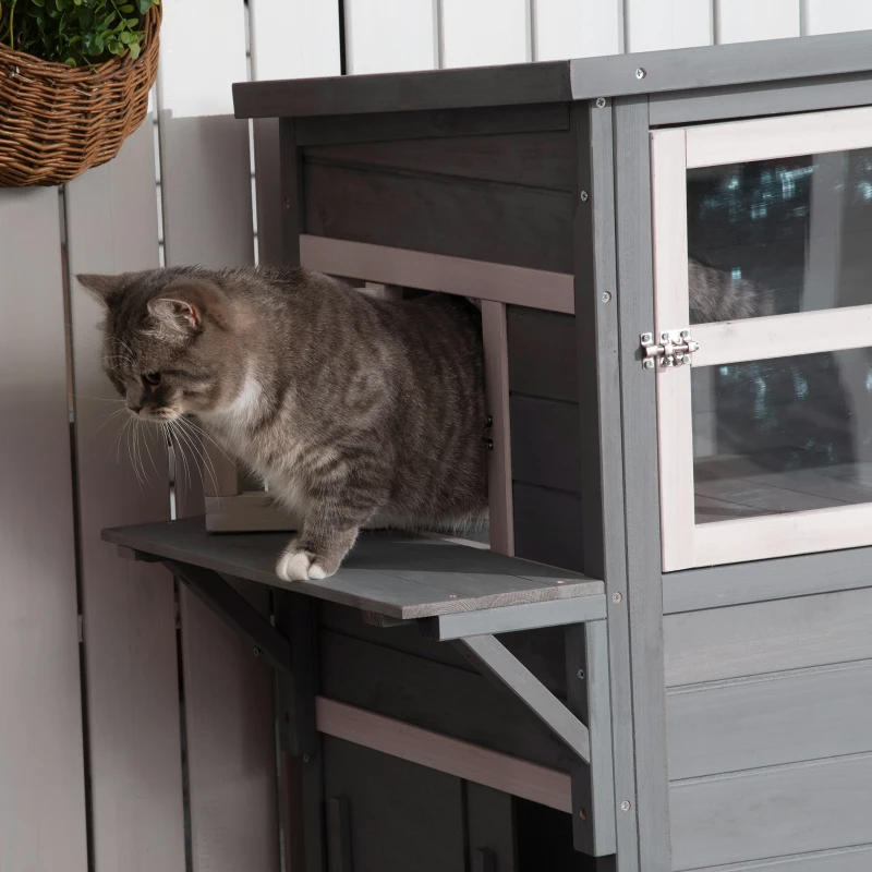 PawHut Casa para Gatos de Madeira Exterior Casa Grande para Gatos de 3 Andares com Múltiplas Entradas Janelas e 2 Plataformas para Terraço Balcão Jardim 98x68,5x122cm Cinza