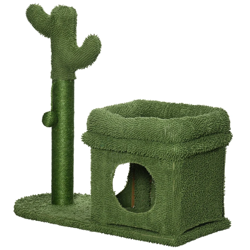 PawHut Árvore Arranhador para Gatos Desenho de Cacto com Cama Casa de Pelúcia Poste de Sisal e Bola Suspensa 68x30x67cm Verde