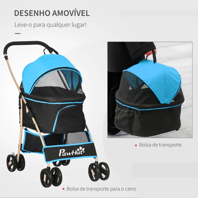 PawHut Carrinho para Animais de Estimação 3 em 1 Dobrável com Bolsa de Transporte Cesta de Armazenamento e Travão 82x49,5x98cm Azul