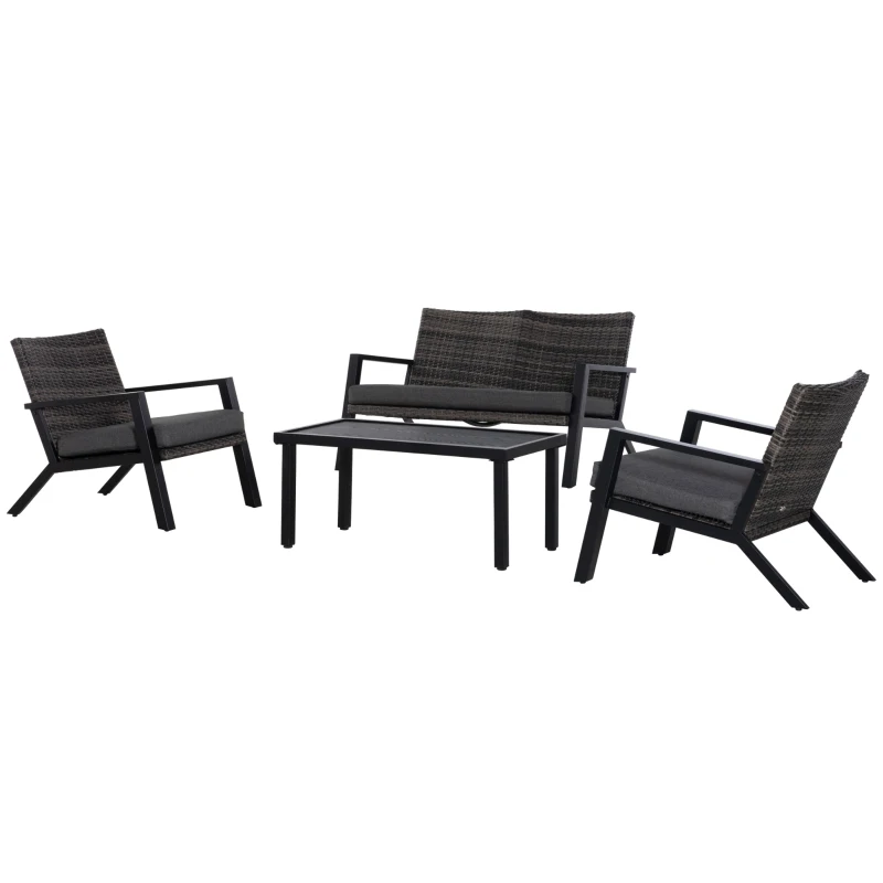 Outsunny Conjunto Móveis de Jardim Vime de 4 Peças com Sofá de 2 Lugares Poltrona Individual e Mesa de Centro Preto