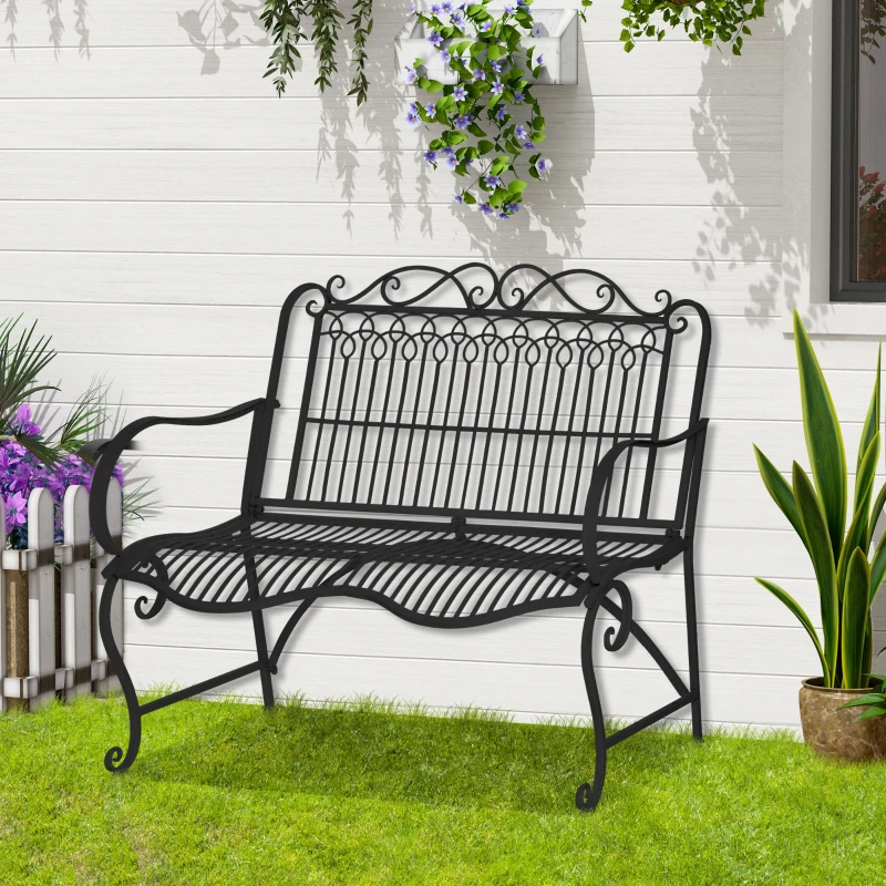 Outsunny Banco de Jardim de 2 Lugares 110x60x97cm Banco de Exterior de Metal com Encosto Decorativo e Apoio para os Braços para Terraço Balção 200kg Preto
